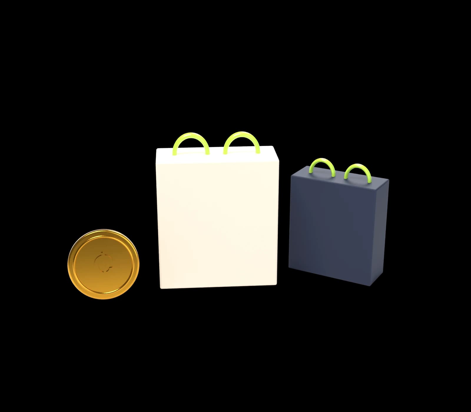 A cream and a midnight shopping bag with lime handles, beside a gold cedi coin