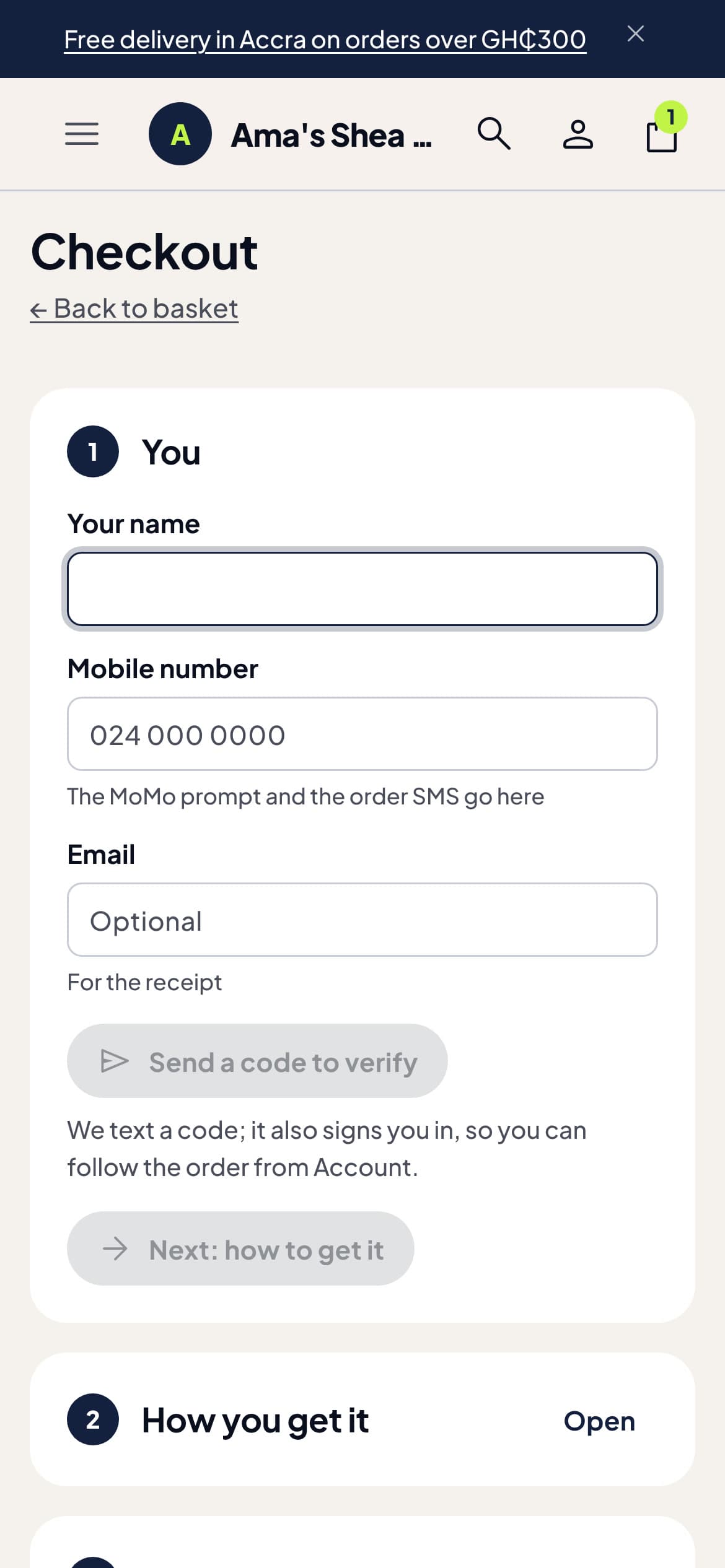 The same checkout on a phone, asking for a name and the mobile number the MoMo prompt goes to