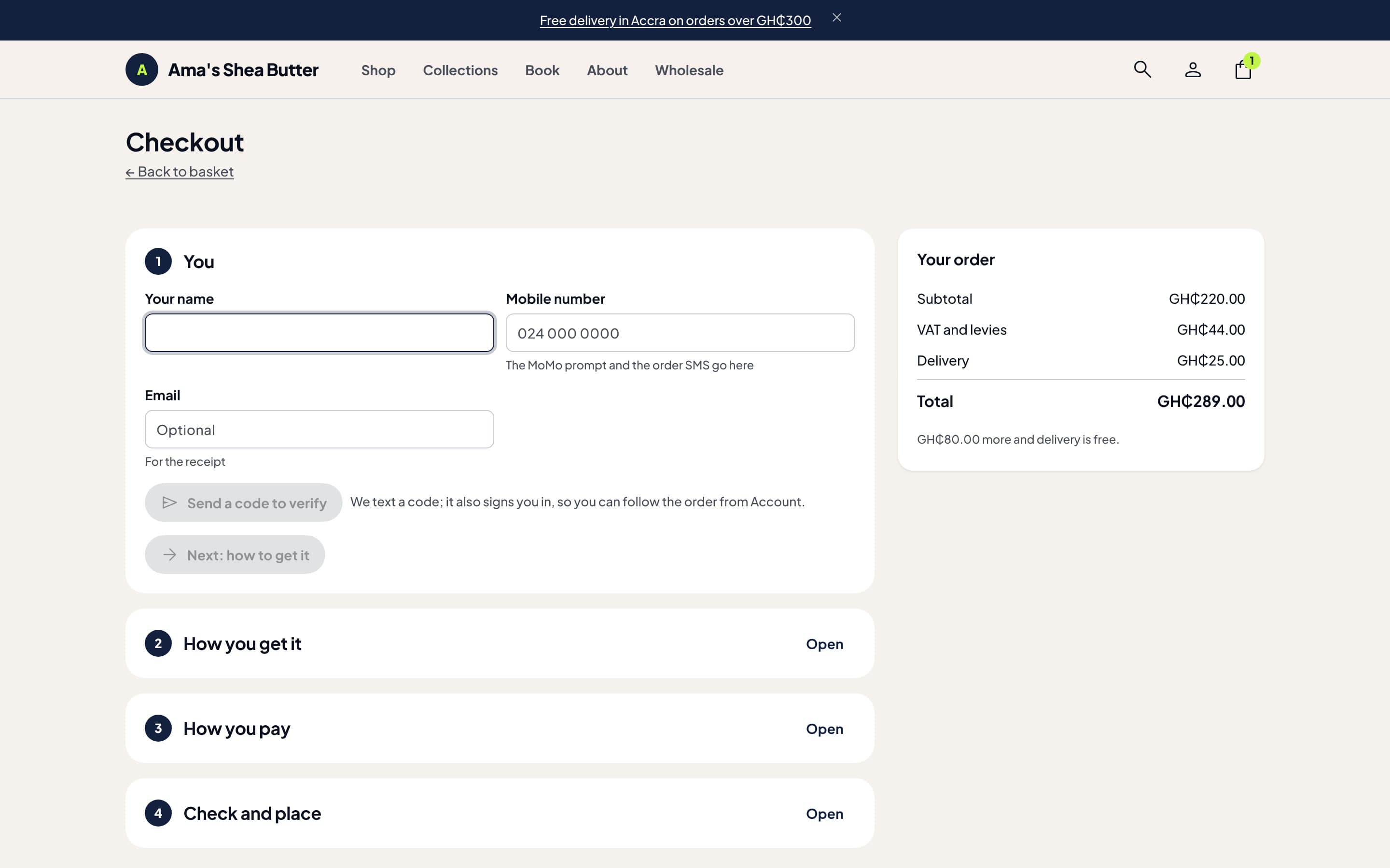 The checkout on Ama's Shea Butter: step 1 asks for your name, mobile number and email, with a button to send a code to verify; the order summary totals GH₵289.00