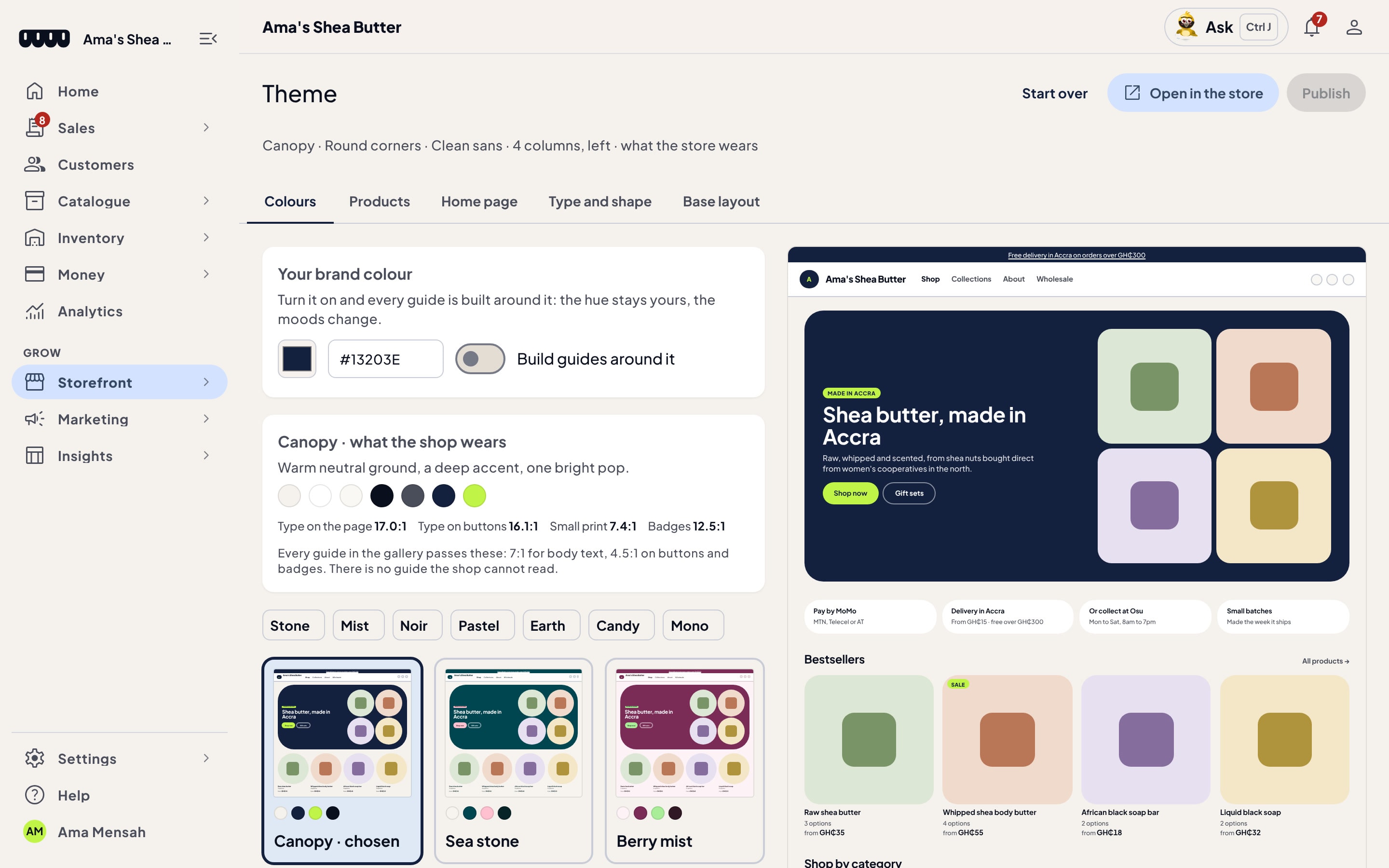 The Theme editor for Ama's Shea Butter: Canopy is chosen, the brand colour is #13203E, colour guides are listed with their contrast ratios, and a live preview of the store sits on the right