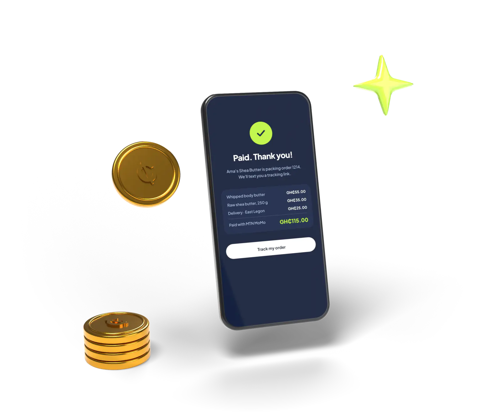 A phone showing a paid mobile money receipt, beside a stack of gold cedi coins